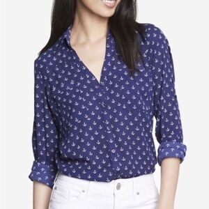 Express Portofino Women Button-up Shirt Blue With White Anchor Print XS